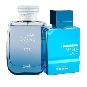 Hwas Ice Edp 3.4 oz& Amber Oud Aqua Dubai Extrait De Parfum 2.5 oz Combo Pack For Men & Unisex By Rasasi and Al Haramain